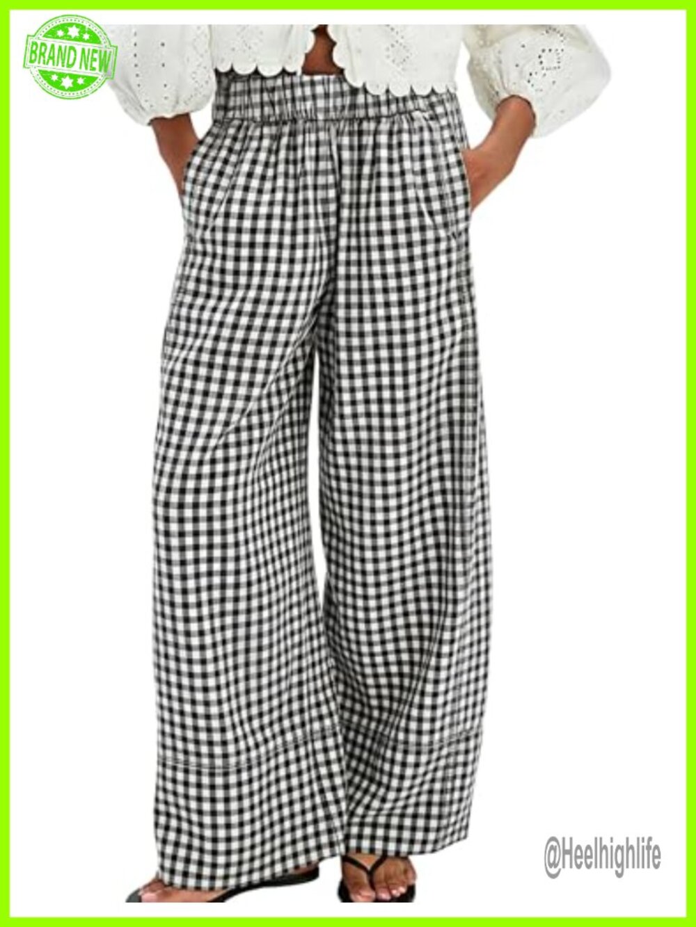 Women's Wide Leg Palazzo Pants Gingham Plaid High Rise Drawstring Beach Trousers